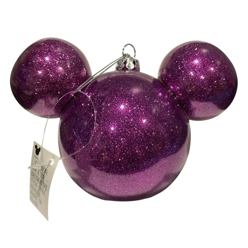 RARE Disney Parks‎ Mickey Icon Ears Glittery Glitter Glass Ball Purple Ornament